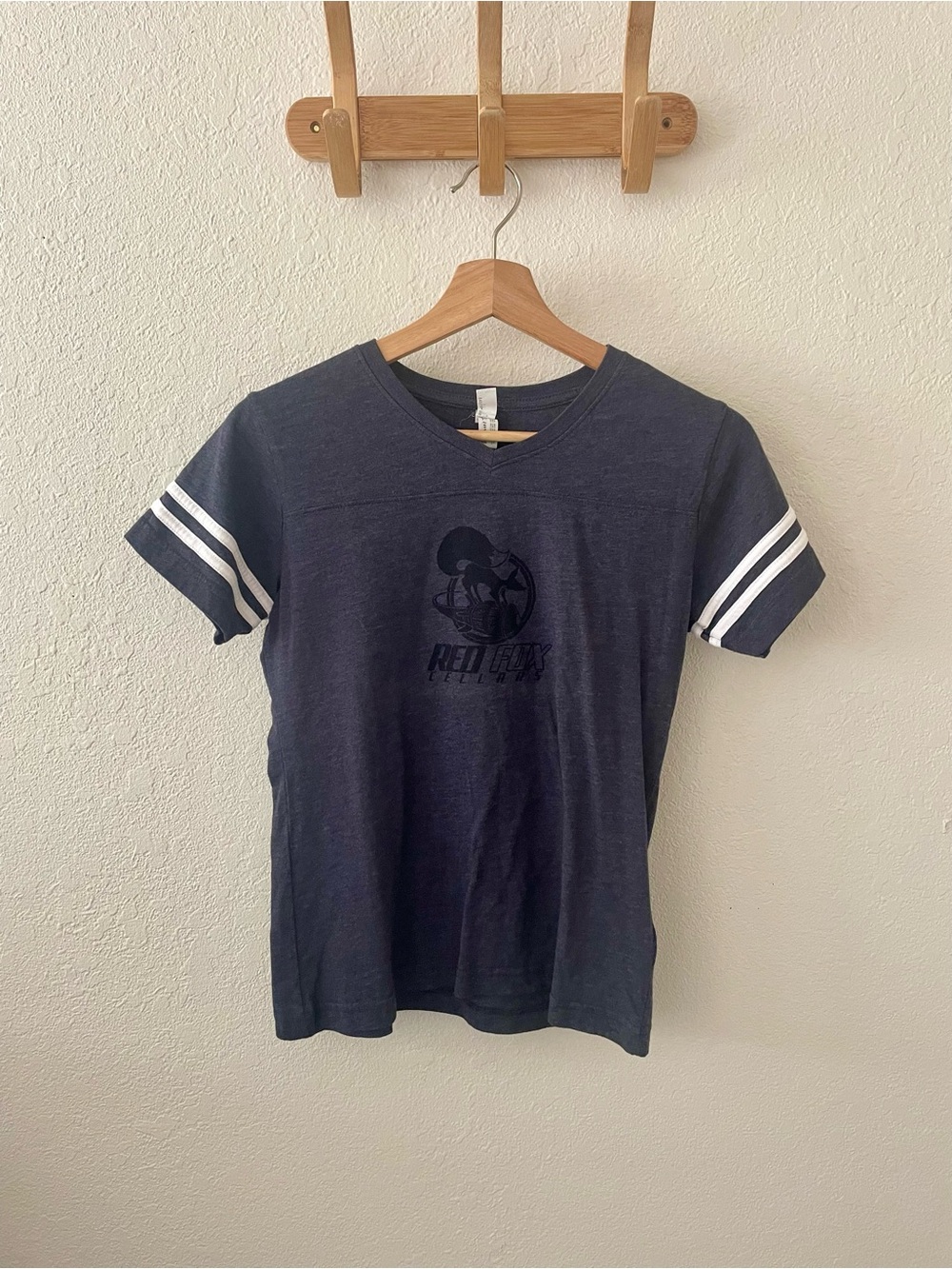 L.A.T Women’s Red Fox Cellars V Neck Charcoal Varsity T w/ Striped Short Sleeve